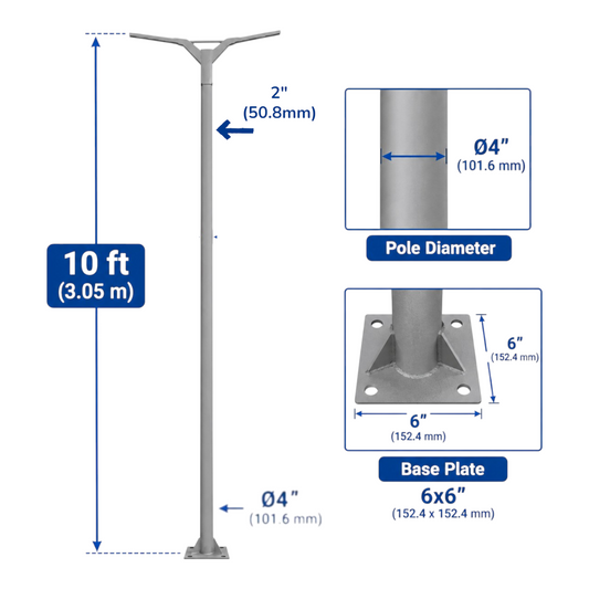 A technical dimension diagram of a modern metal pole light fixture, showing a 10 ft tall gray pole with inset details of the 2-inch pole diameter and a 6x6-inch base plate.
