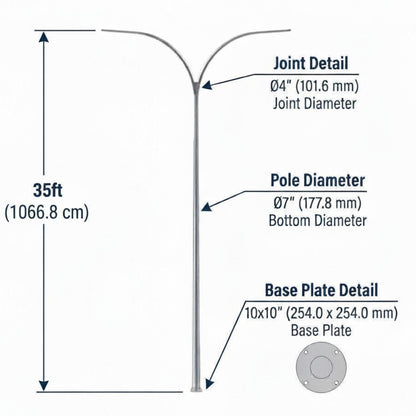 Technical dimension diagram of a double-arm metal pole light fixture, showing measurements for 35 ft height, pole diameter 07 inches, and base plate details on a white background.