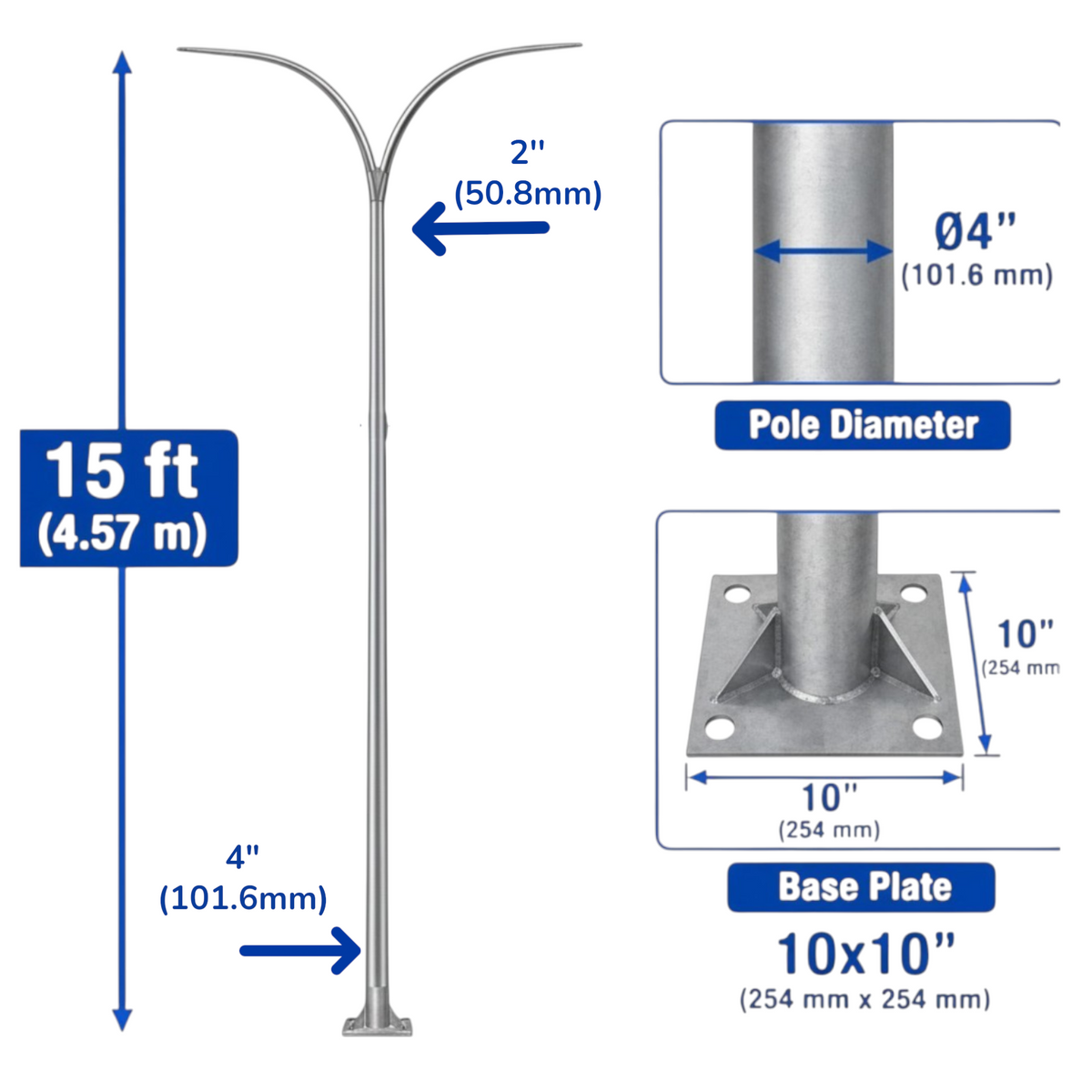 Silver metal freestanding pole light with dimension callouts showing a 15 ft height, 4" ground extension, 2" pole diameter, and a 10x10 inch base plate, on a white background.