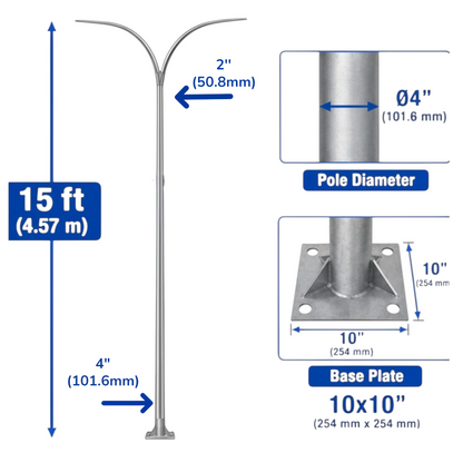 Silver metal freestanding pole light with dimension callouts showing a 15 ft height, 4" ground extension, 2" pole diameter, and a 10x10 inch base plate, on a white background.