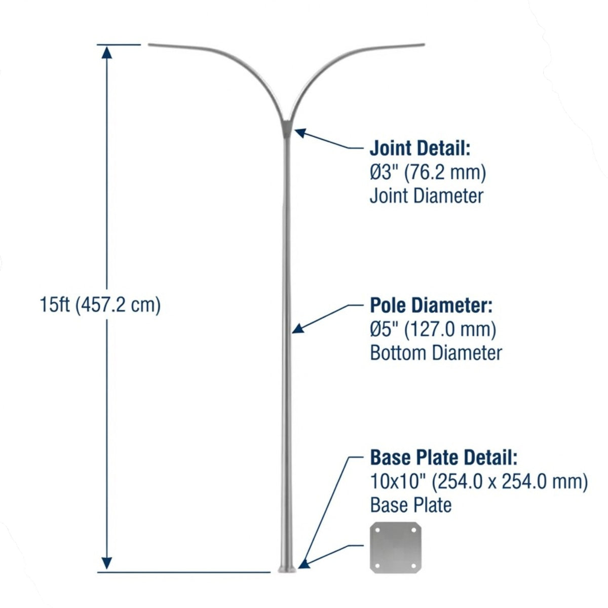 Technical dimension diagram of a modern curved street light pole, showing a 15-foot height, pole diameter of 5 inches, joint diameter of 3 inches, and base plate details on a white background.