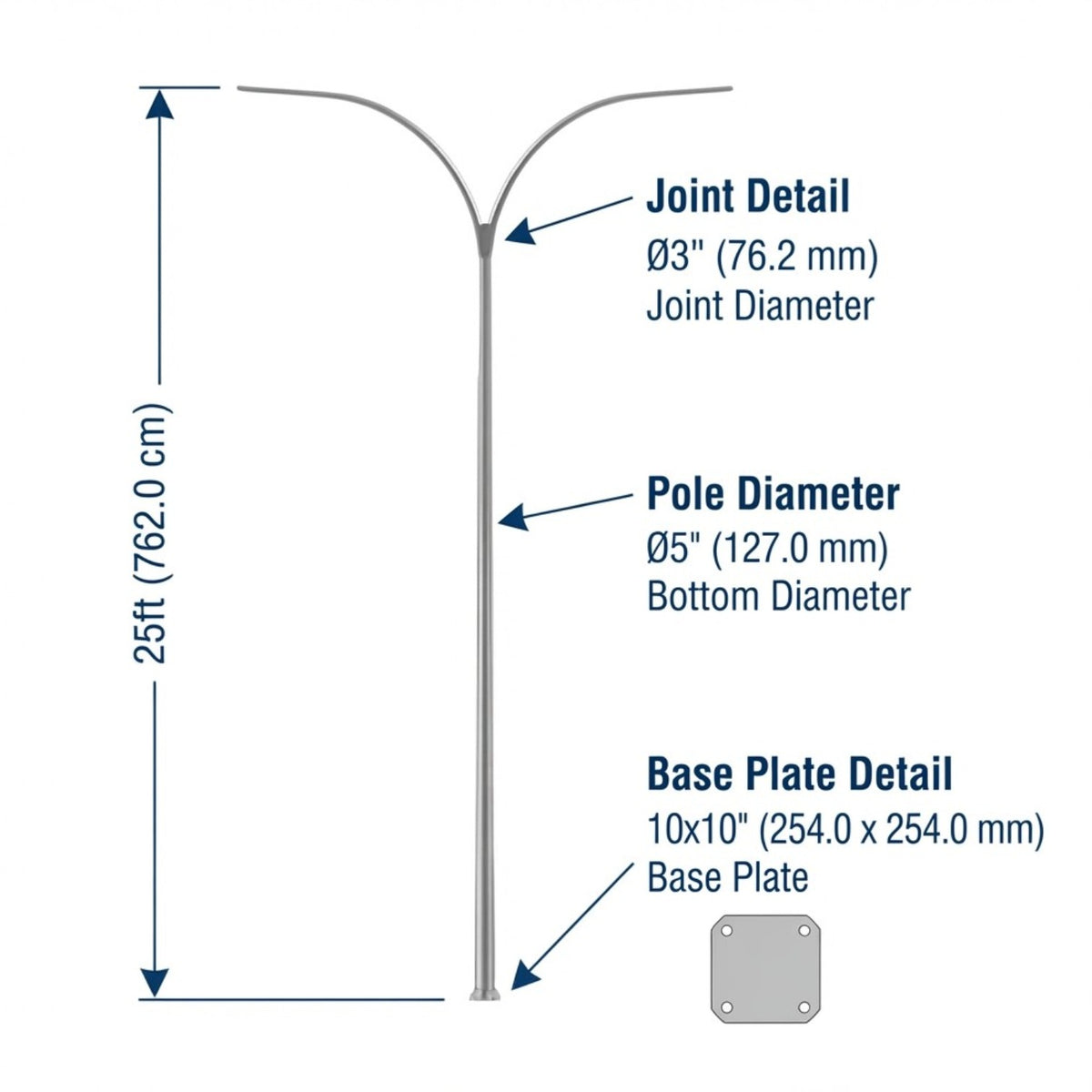Technical dimension diagram of a modern curved street light pole with labeled measurements for joint diameter, pole diameter, and base plate detail on a white background.