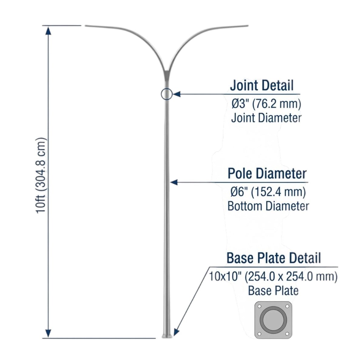Technical dimension diagram of a modern Y-shaped street light pole, showing measurements for 10ft total height, pole diameter of 6 inches, and joint diameter of 3 inches, with a base plate detail inset on a white background.