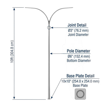 Technical dimension diagram of a modern Y-shaped street light pole, showing measurements for 10ft total height, pole diameter of 6 inches, and joint diameter of 3 inches, with a base plate detail inset on a white background.