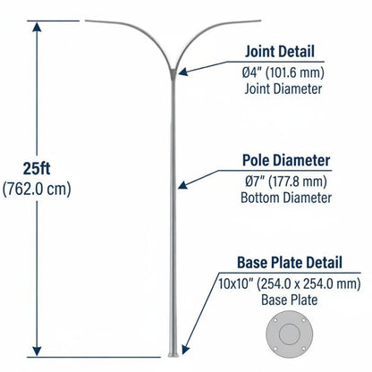 Technical dimension diagram of a 25-foot curved metal pole with labeled details for joint diameter, pole diameter, and base plate, shown on a white background.