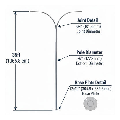 Technical dimension diagram of a 35-foot pole light fixture showing pole diameter, joint diameter, and base plate detail with measurement labels on a white background.
