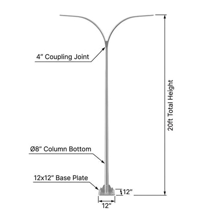 Technical dimension diagram of a modern double-arm freestanding street light, showing measurements for 20ft total height, 4" coupling joint, 8" column bottom diameter, and 12x12 inch base plate.