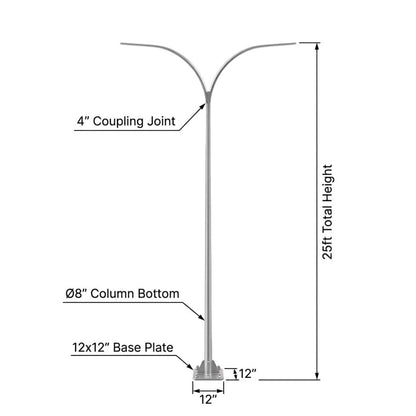 Technical dimension diagram of a 25-foot double-head street light pole, showing measurements for total height, base plate size, column diameter, and coupling joint on a white background.