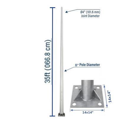 A metal pole kit diagram showing a 35-foot silver pole with a square base, labeled with dimensions including a 4-inch joint diameter and 8-inch pole diameter, plus a separate 14x14-inch base plate shown in an inset.