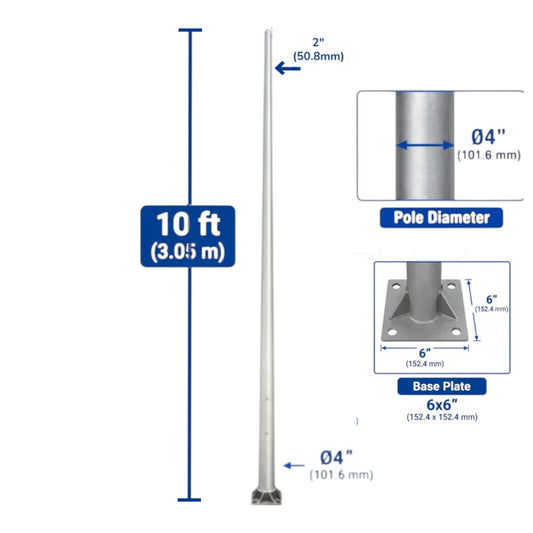 A technical product diagram showing a silver metal pole with dimension callouts: 10 ft (3.05 m) total height, 2-inch (50.
