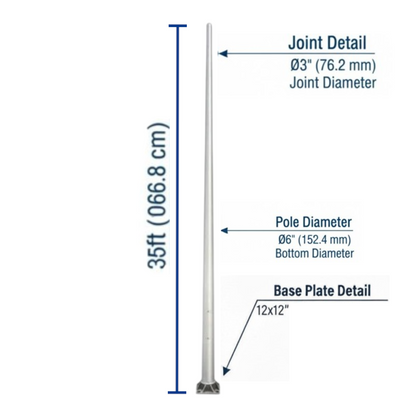 Technical diagram of a tall metal pole with labeled dimensions and detail callouts, including joint diameter, pole diameter, and base plate detail, on a white background.