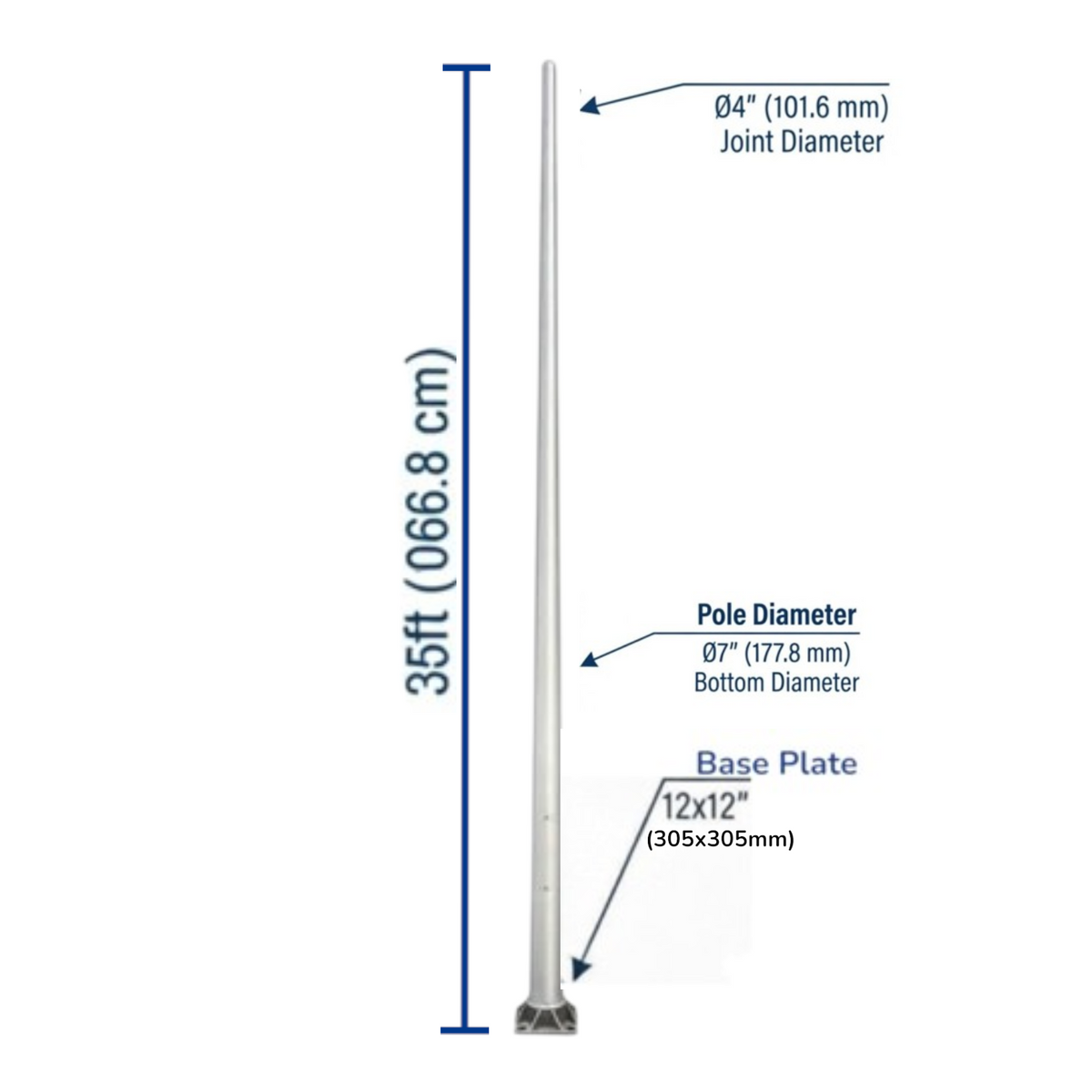 A tall metal pole shown on a white background with blue measurement callouts indicating 35 ft height, 04" joint diameter, pole diameter, and base plate size.