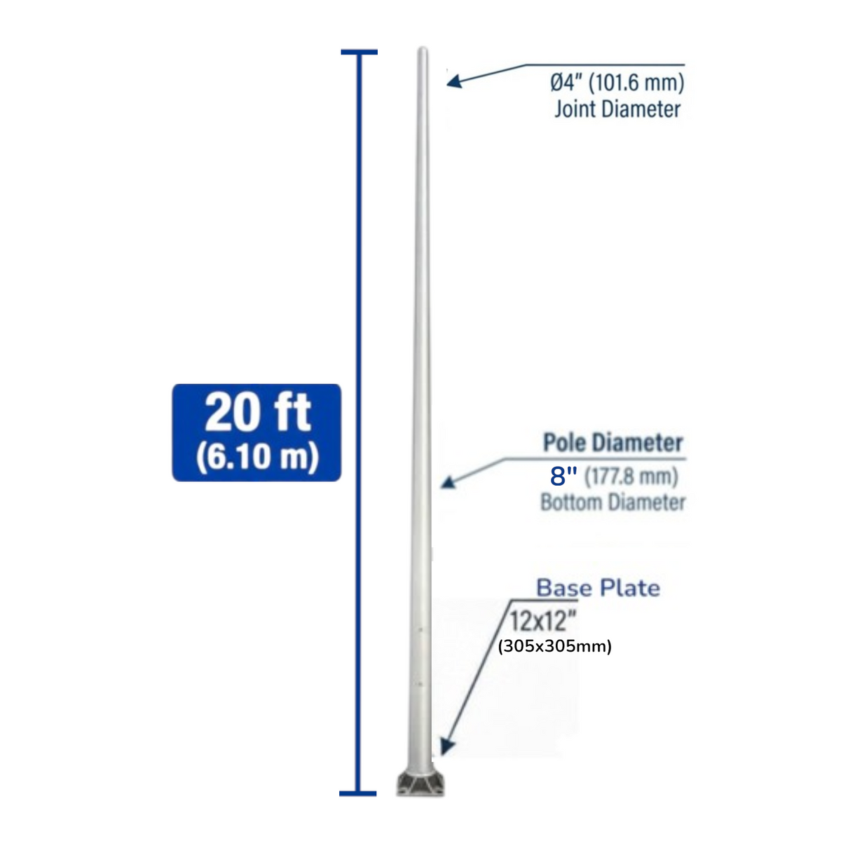 A technical dimension diagram of a tall metal pole with labeled measurements: 20 ft (6.10 m) height, 0.