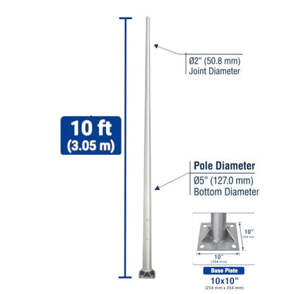 A technical product diagram showing a silver metal pole with dimension annotations, including a 10 ft (3.05 m) height, a 2" (50.