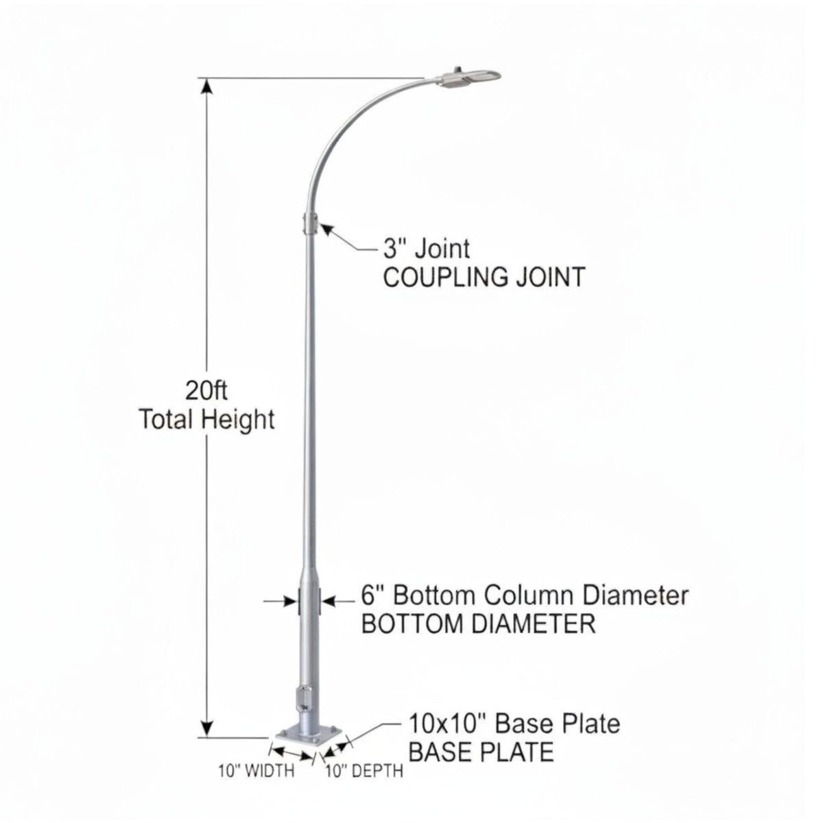 Technical dimension diagram of a 20-foot silver metal street light pole with labeled measurements for total height, column diameter, base plate dimensions, and joint location on a white background.