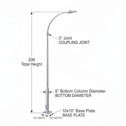Technical dimension diagram of a 20-foot silver metal street light pole with labeled measurements for total height, column diameter, base plate dimensions, and joint location on a white background.