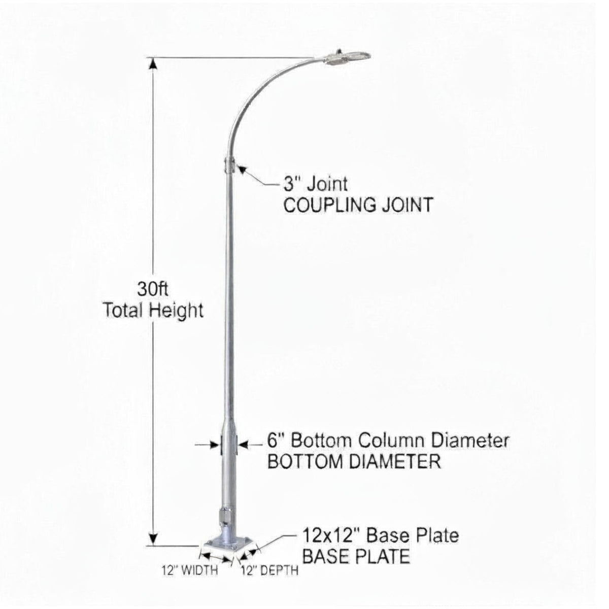 Technical dimension diagram of a 30-foot silver metal pole light post, showing measurements for total height, bottom column diameter, base plate dimensions, and a 3-inch joint coupling joint on a white background.