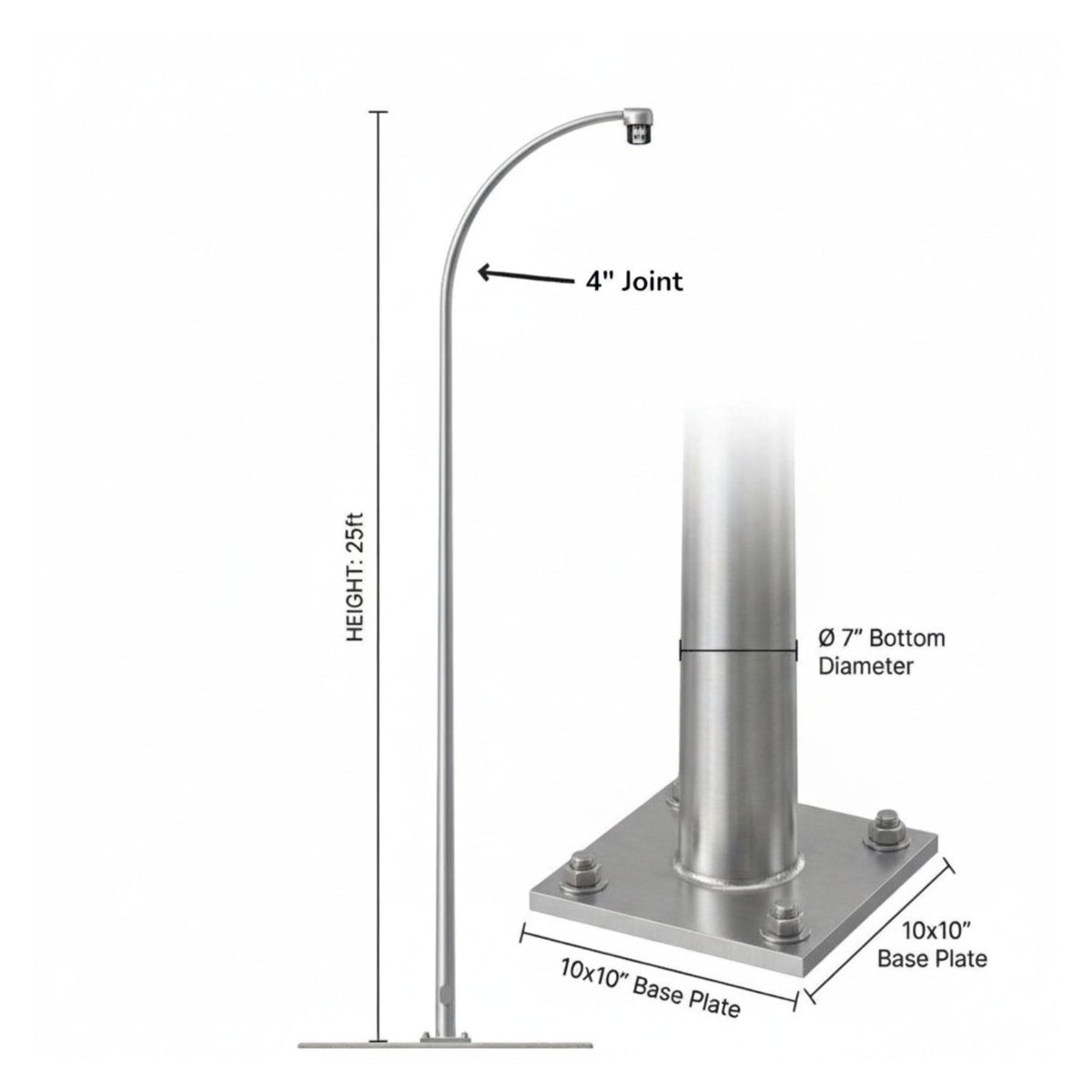 Silver metal curved pole post with dimension annotations showing a 25-foot height, 4-inch joint, 7-inch bottom diameter, and a 10x10-inch base plate.