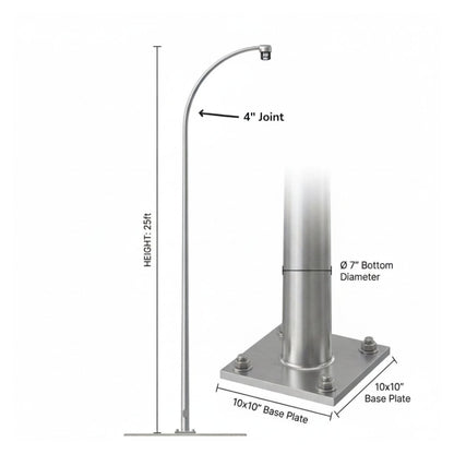 Silver metal curved pole post with dimension annotations showing a 25-foot height, 4-inch joint, 7-inch bottom diameter, and a 10x10-inch base plate.