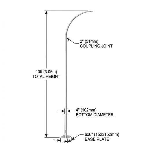 Technical dimension diagram of a curved metal flagpole with labeled measurements including 10ft total height, 2" coupling joint, 4" bottom diameter, and 6x6 base plate on a white background.
