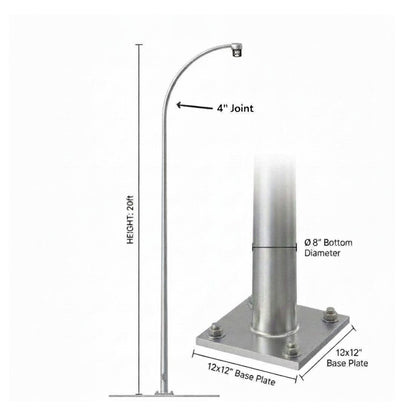 Technical diagram of a silver metal garden or patio light pole with dimension annotations showing a 20-foot height, 4-inch joint, 8-inch bottom diameter, and a 12x12-inch base plate.