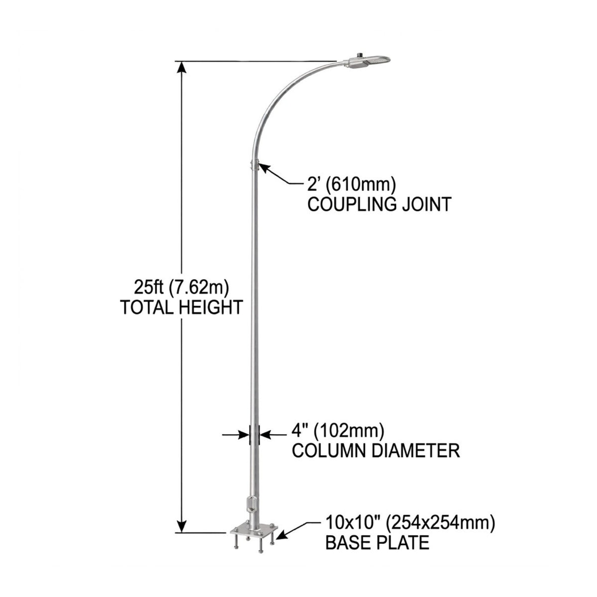 Technical dimension diagram of a silver metal freestanding lamp post with labeled measurements for total height, coupling joint length, column diameter, and base plate size on a white background.