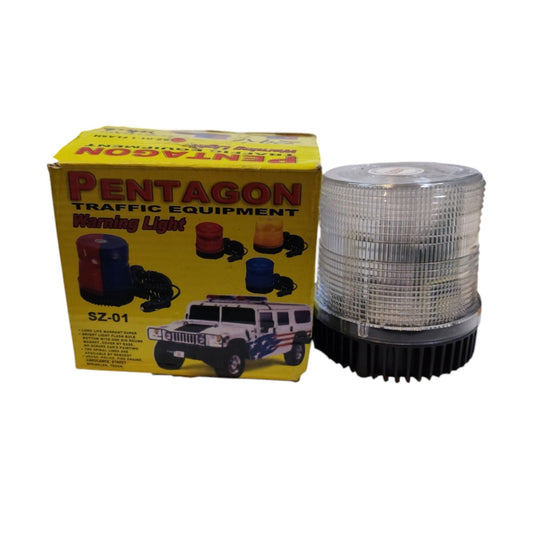 A cylindrical warning light with a clear ribbed top and black base shown next to its yellow retail box labeled Pentagon Traffic Equipment Warning Light.