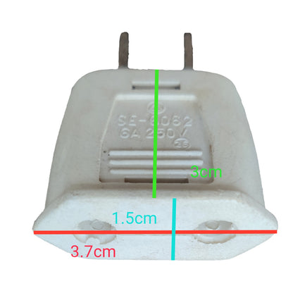 A white plastic electrical plug adapter shown on a plain white background with overlaid dimension lines and labels indicating 3 cm height, 1.5 cm width, and 3.