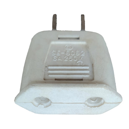 A white plastic electrical plug adapter with two metal pins, featuring molded serial numbers 'SE-6082 6A 250V' on the front.
