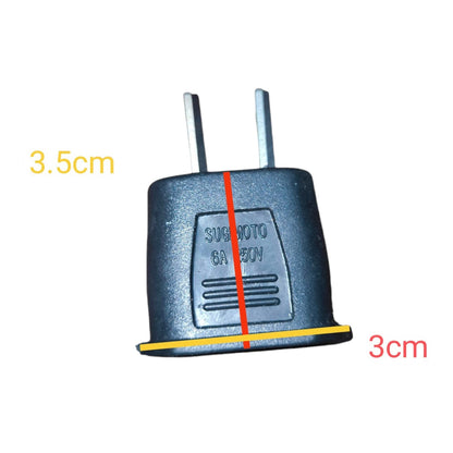 A small dark gray plug-shaped item with two metal prongs, shown on a white background with yellow and red dimension annotations reading 3.5cm, 3cm, and a vertical red line.