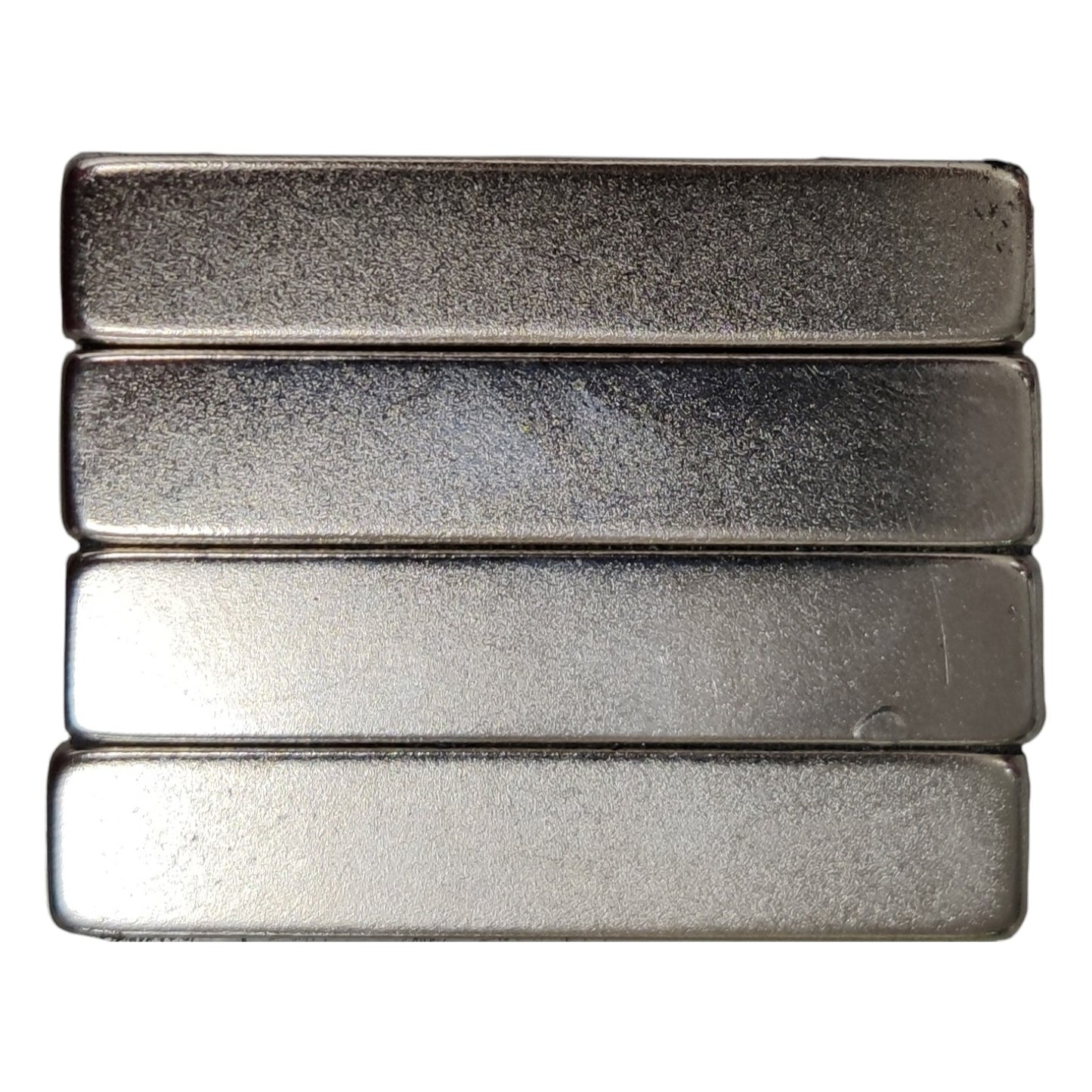Four metallic bars of varying finishes on a white background