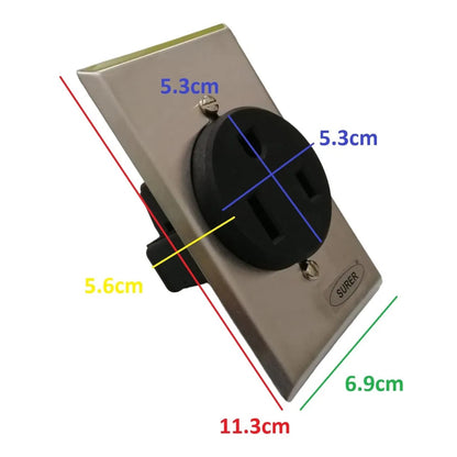 A black US-style wall outlet with a brushed metal faceplate, shown on a white background with overlaid dimension lines and measurements in centimeters.