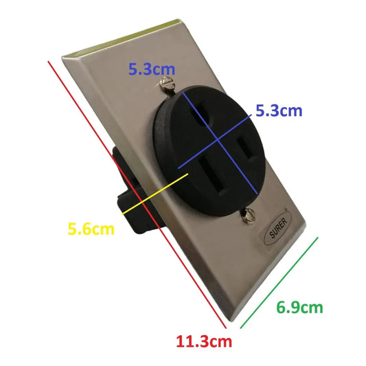 A black US-style wall outlet with a brushed metal faceplate, shown on a white background with overlaid dimension lines and measurements in centimeters.