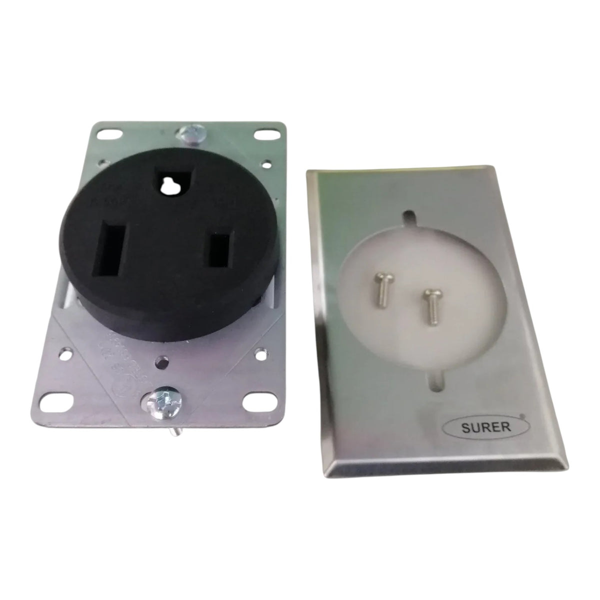Surer electrical outlet kit showing a black three-prong outlet mounted on a metal backplate next to its brushed silver metal faceplate cover.