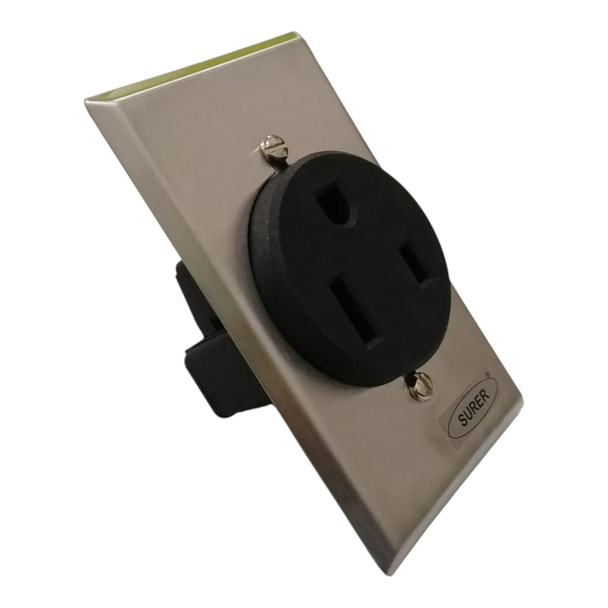 A black electrical outlet plug with a silver metal faceplate and a black mounting bracket, shown on a plain white background. The brand name 'SURER' is visible on the lower right of the plate.
