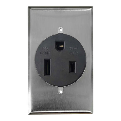 A brushed stainless steel electrical outlet cover plate with a black three-prong outlet in the center, shown against a plain white background.