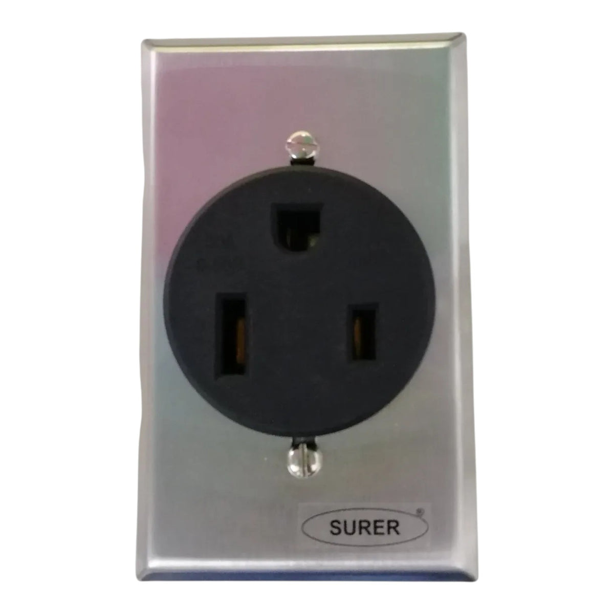 A Surer brand black three-prong electrical outlet mounted on a brushed silver metal faceplate, shown against a plain white background.