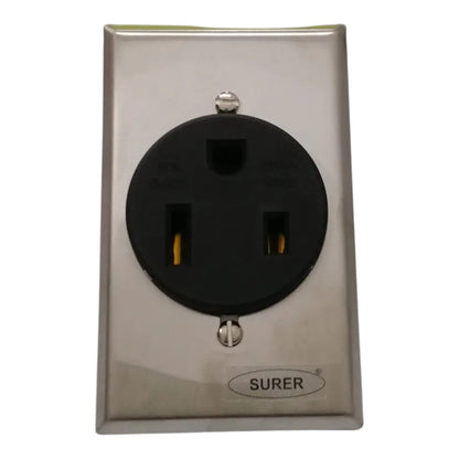 A Surer brand stainless steel electrical outlet cover plate with a black three-prong outlet, shown against a plain white background.