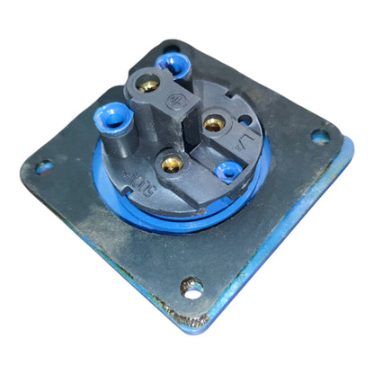 A three-pin electrical socket module with a black plastic body, blue terminal accents, and a square metal mounting plate with blue edge paint, shown on a white background.