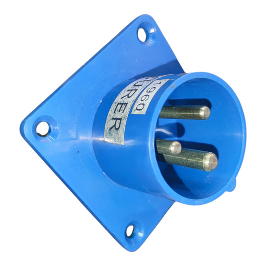 A blue three-pin electrical socket with a square mounting plate, featuring three metal pins inside a circular opening and a white label on the side.