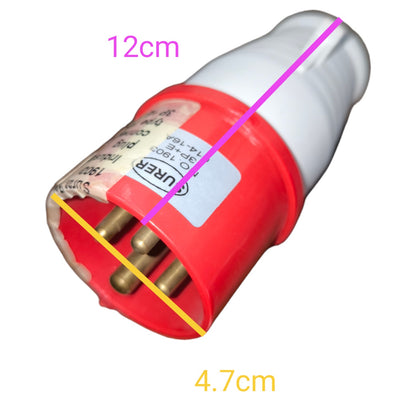 A small cylindrical electrical component with a red body, white top, and visible metal pins, overlaid with pink and yellow measurement lines and text reading 12cm and 4.7cm on a white background.