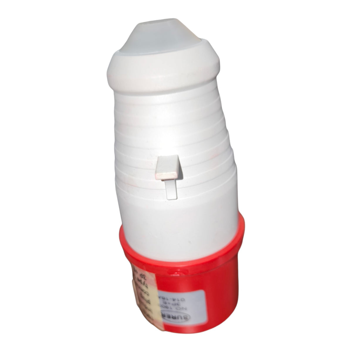 A white plastic cylindrical container or dispenser with a small white tab on the side, sitting on a red circular base against a plain white background.