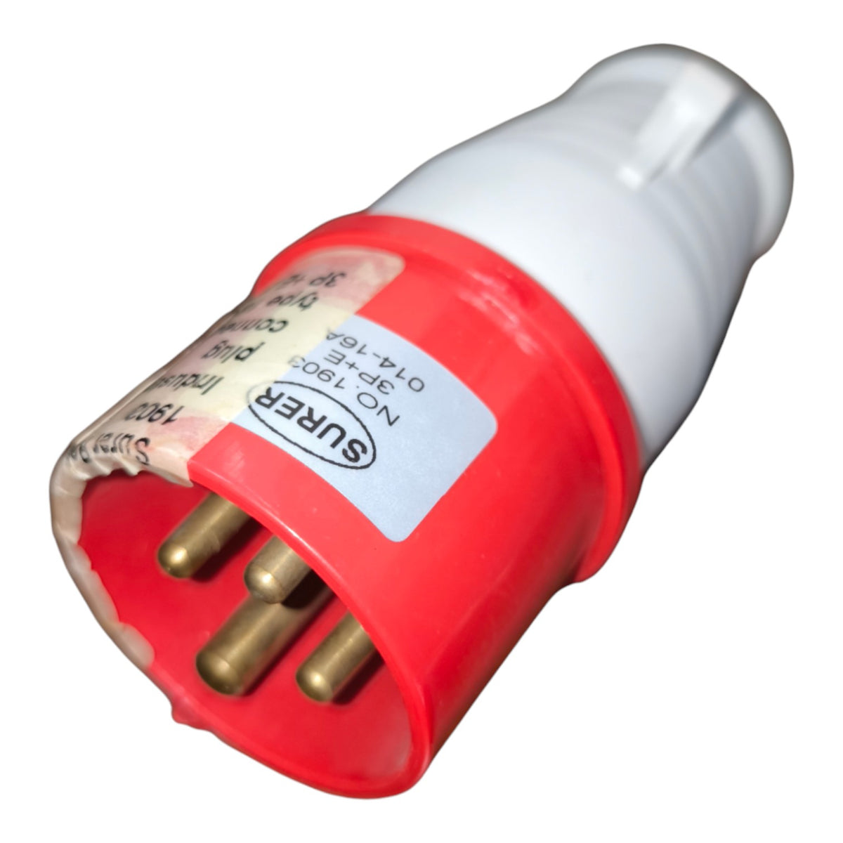 A red and white electrical plug with four brass pins, featuring a white SURER brand label on the red body, isolated on a white background.