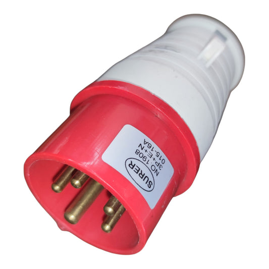 A red and white electrical plug connector with brass pins, featuring a white label with the brand name SURER.
