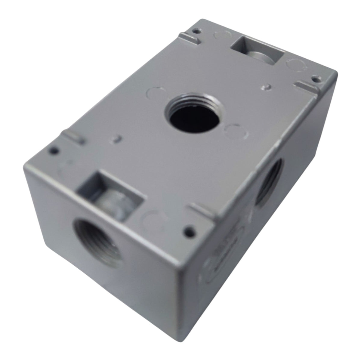 A gray metal industrial component with threaded ports and mounting slots, shown on a plain white background.