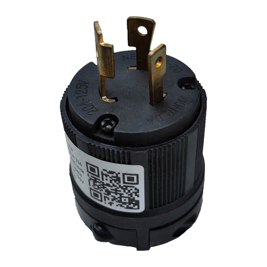 Black electrical plug with QR code label on a white background Surer 20A 125V Twist Lock Plug 2P+E L5-20 Twistlock 334 Twist to Lock Plug