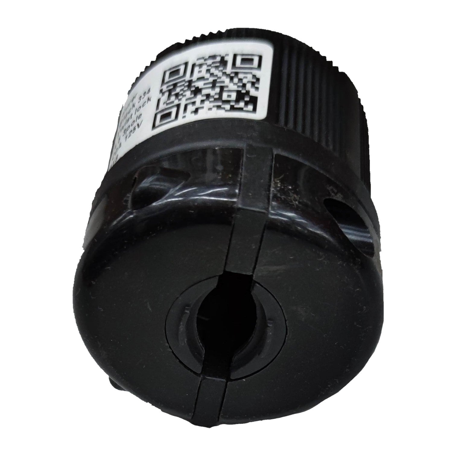 Black cylindrical object with a QR code label on a white background Surer 20A 125V Twist Lock Plug 2P+E L5-20 Twistlock 334 Twist to Lock Plug Electx Electrical Supply