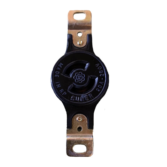 Black and brass mechanical component with 'Made in ME' engraving on a white background Surer 20A 250V Twist Lock Outlet 116 Twistlock Outlet Flush Type Twist to Lock