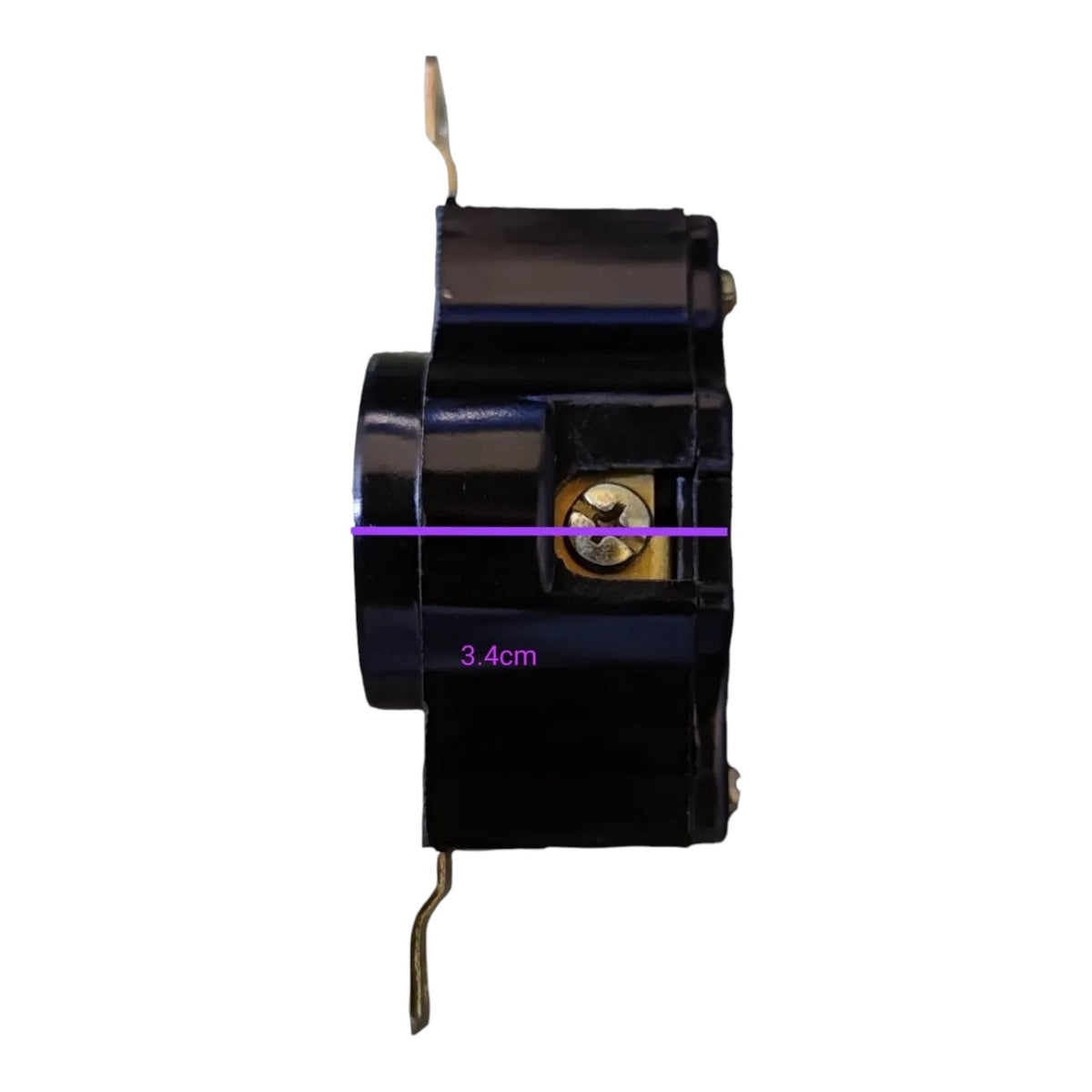 A small black electrical component or switch with metal terminals and a gold screw detail, isolated on a white background.