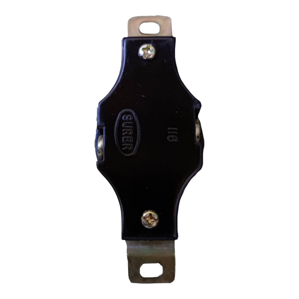 A black plastic electrical terminal block with metal screw terminals on a white background, featuring the SURER brand logo.